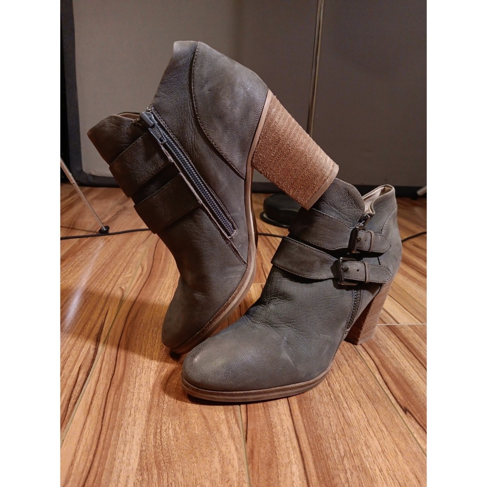 Mint Velvet Leather Ankle Boots Women's EU 38 US 7 Gray Double Buckle Block Heel